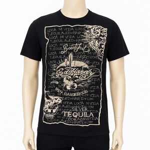 Ed Hardy Shirt Mens Medium Black Tan Graphic Tee Silver Tequila Neutral‎ Casual